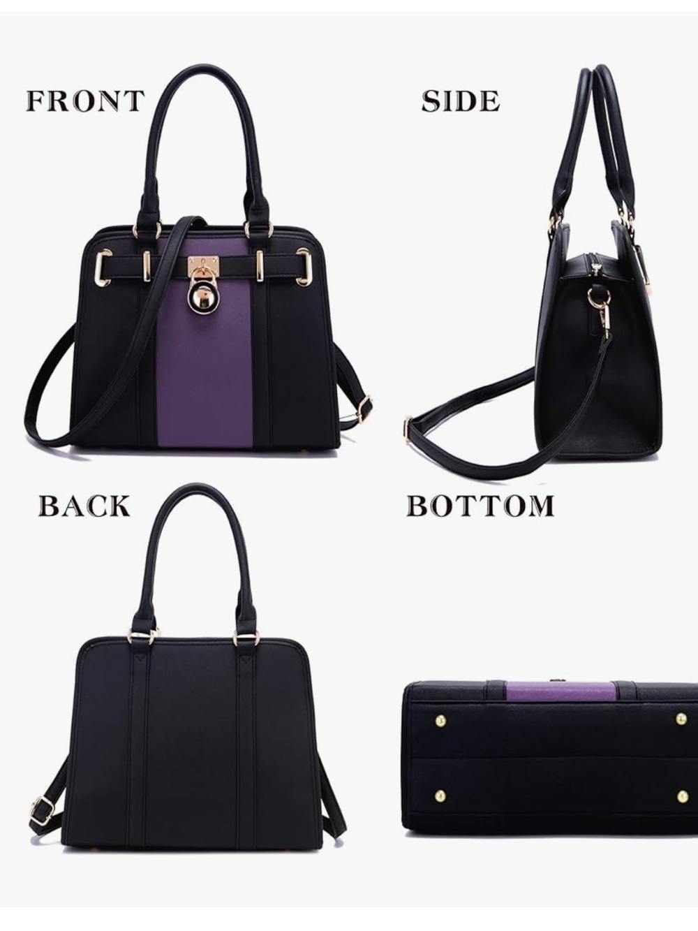 Q1YUER Black & Purple Structured Satchel Handbag Gold Lock Crossbody - Picture 5 of 5
